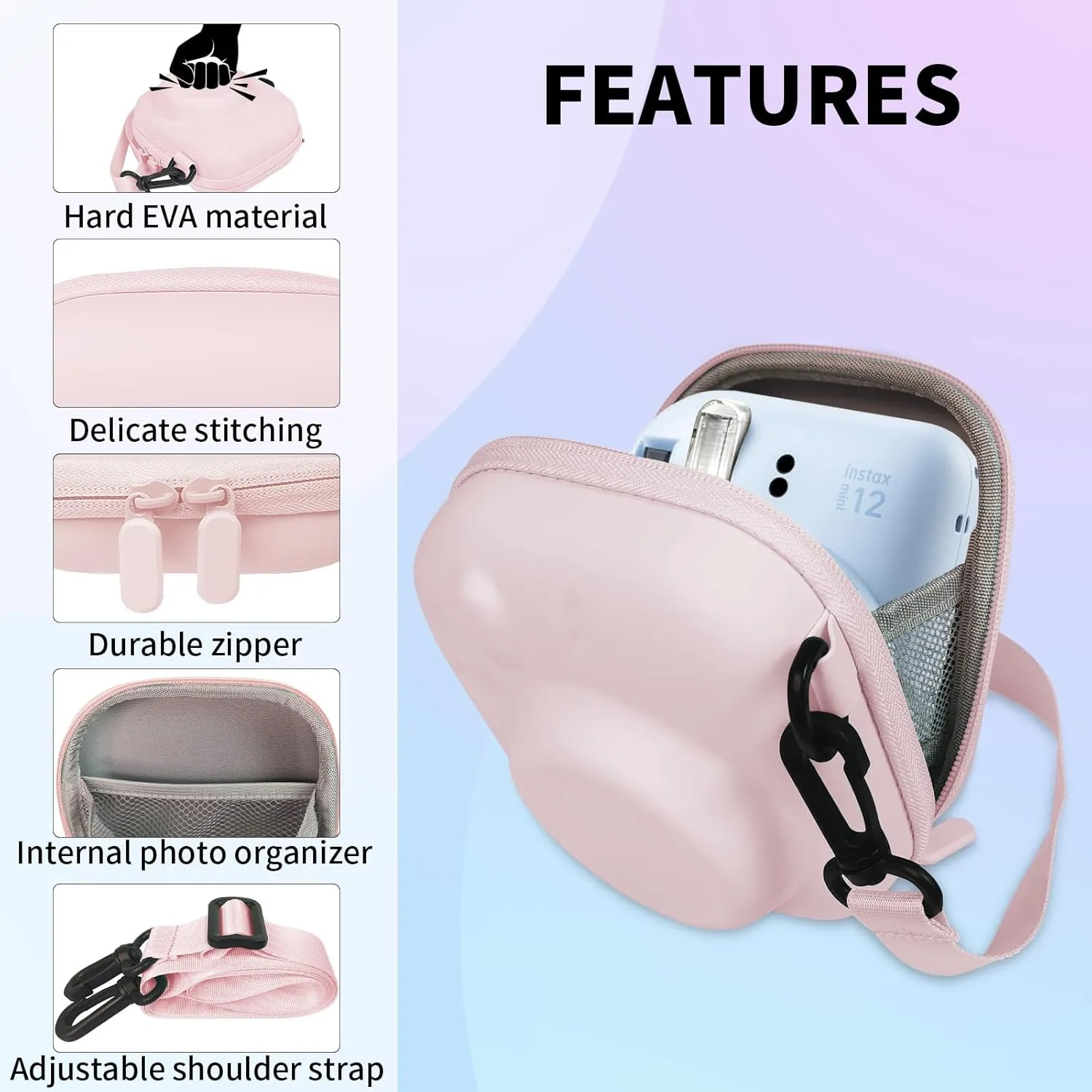 Universal Protective Camera Case for Fujifilm Instax Mini 12 11 9 8 SE 7  40, Instant Camera Bag Hard EVA Case with Shoulder Strap- Blossom Pink