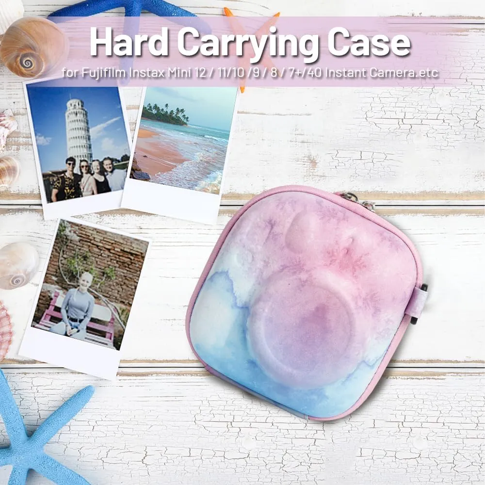 Universal Protective Camera Case for Fujifilm Instax Mini 12 11 9 8 SE 7  40, Instant Camera Bag Hard EVA Case with Shoulder Strap- Blue pink painting