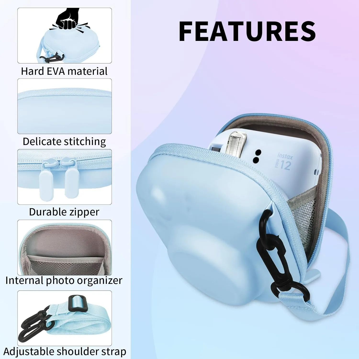 Universal Protective Camera Case for Fujifilm Instax Mini 12 11 9 8 SE 7  40, Instant Camera Bag Hard EVA Case with Shoulder Strap- Pastel Blue