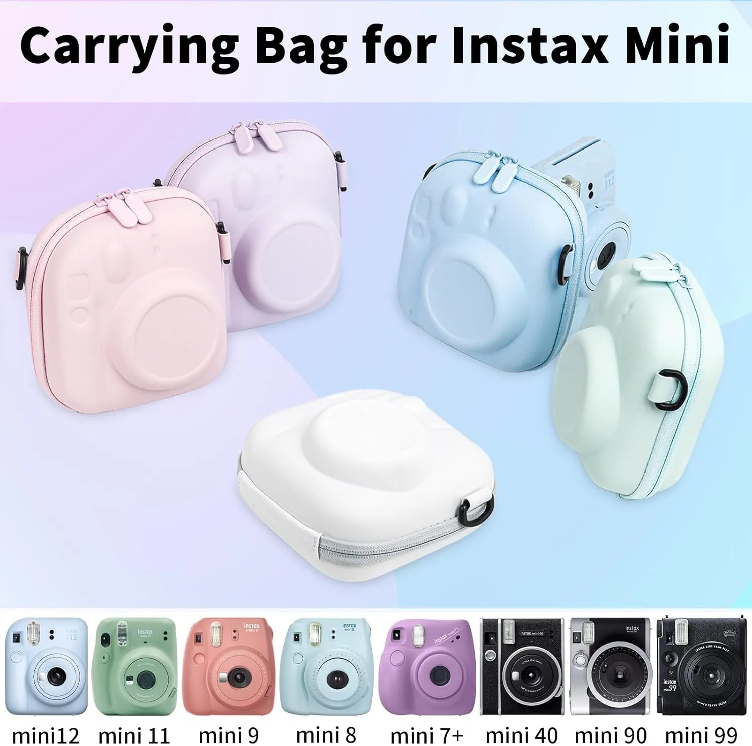Universal Protective Camera Case for Fujifilm Instax Mini 12 11 9 8 SE 7  40, Instant Camera Bag Hard EVA Case with Shoulder Strap- Pastel Blue